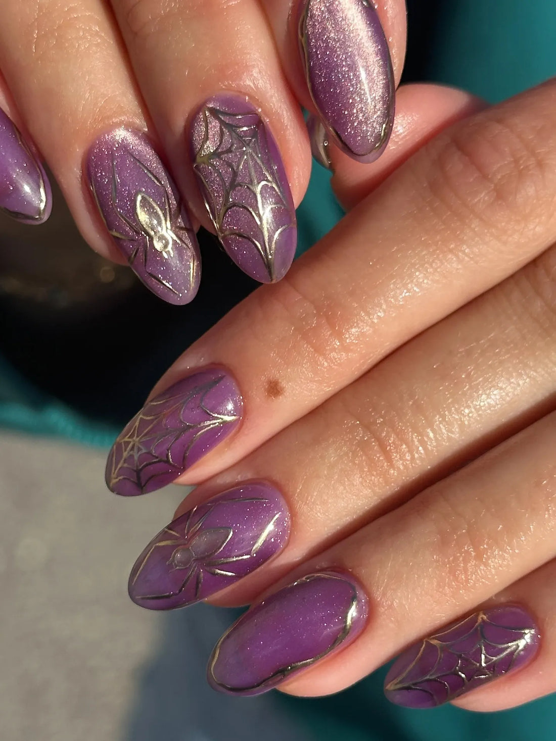 Handmade Witchy Gothic Deep Purple Shimmer Cat Eye Spider Web Press on Nails PU3