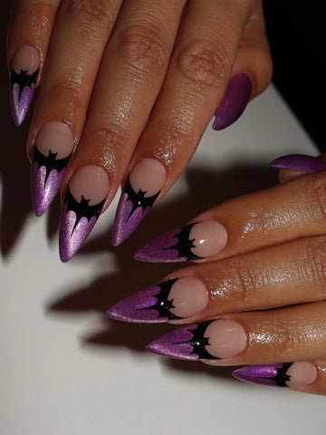 Handmade Witchy Gothic Purple Magnetic Cat Eye Black Bat French Tip Press on Nails PV3