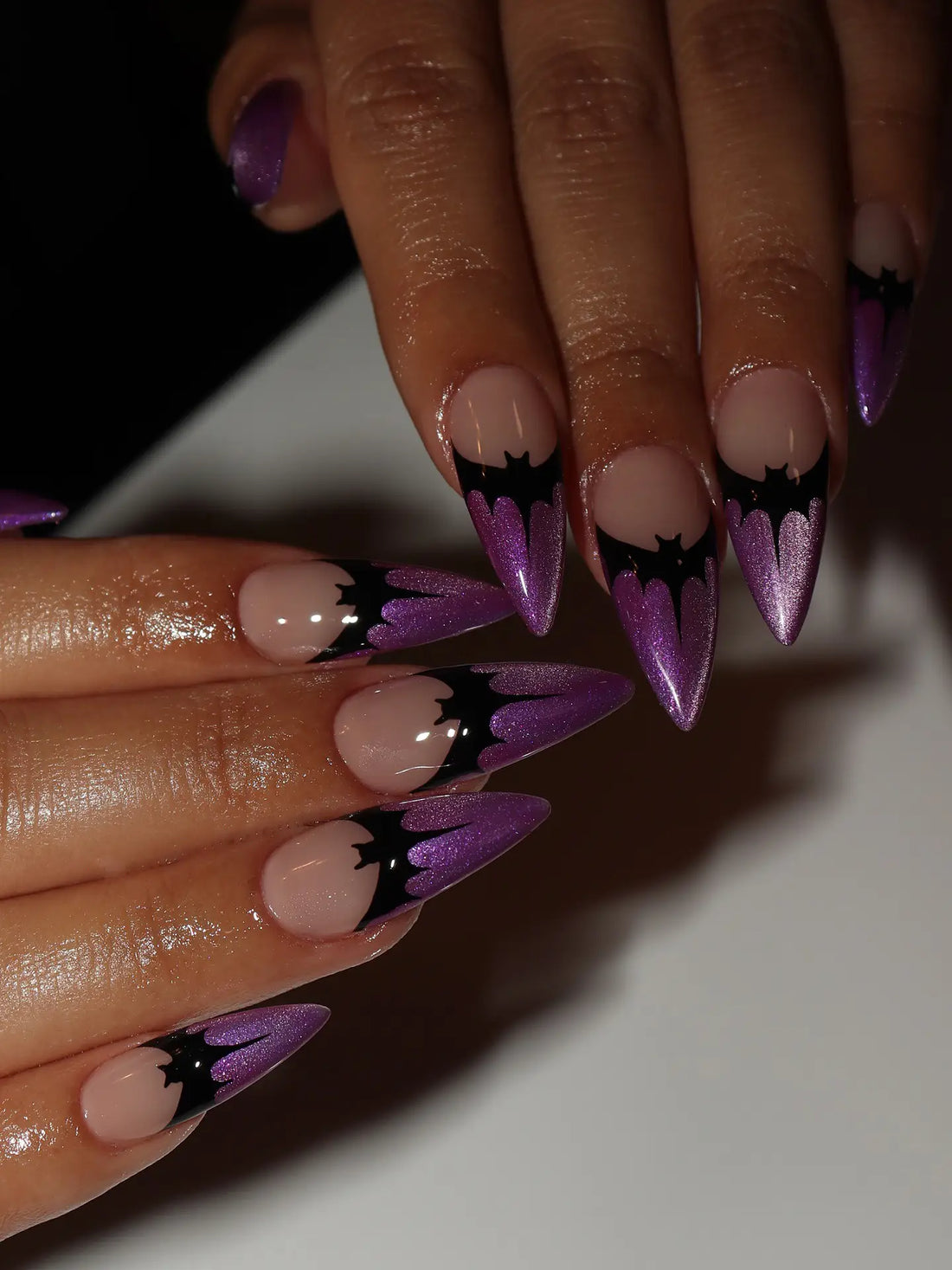 Handmade Witchy Gothic Purple Magnetic Cat Eye Black Bat French Tip Press on Nails PV3