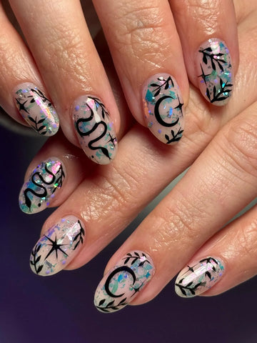 Handmade Witchy Iridescent Opal Flake Black Snake Moon Starburst Fake Nails QA7