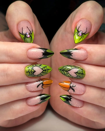Handmade Witchy Lime Green Shimmer Heart Spiderweb Pumpkin Bat Press on Nails PY7