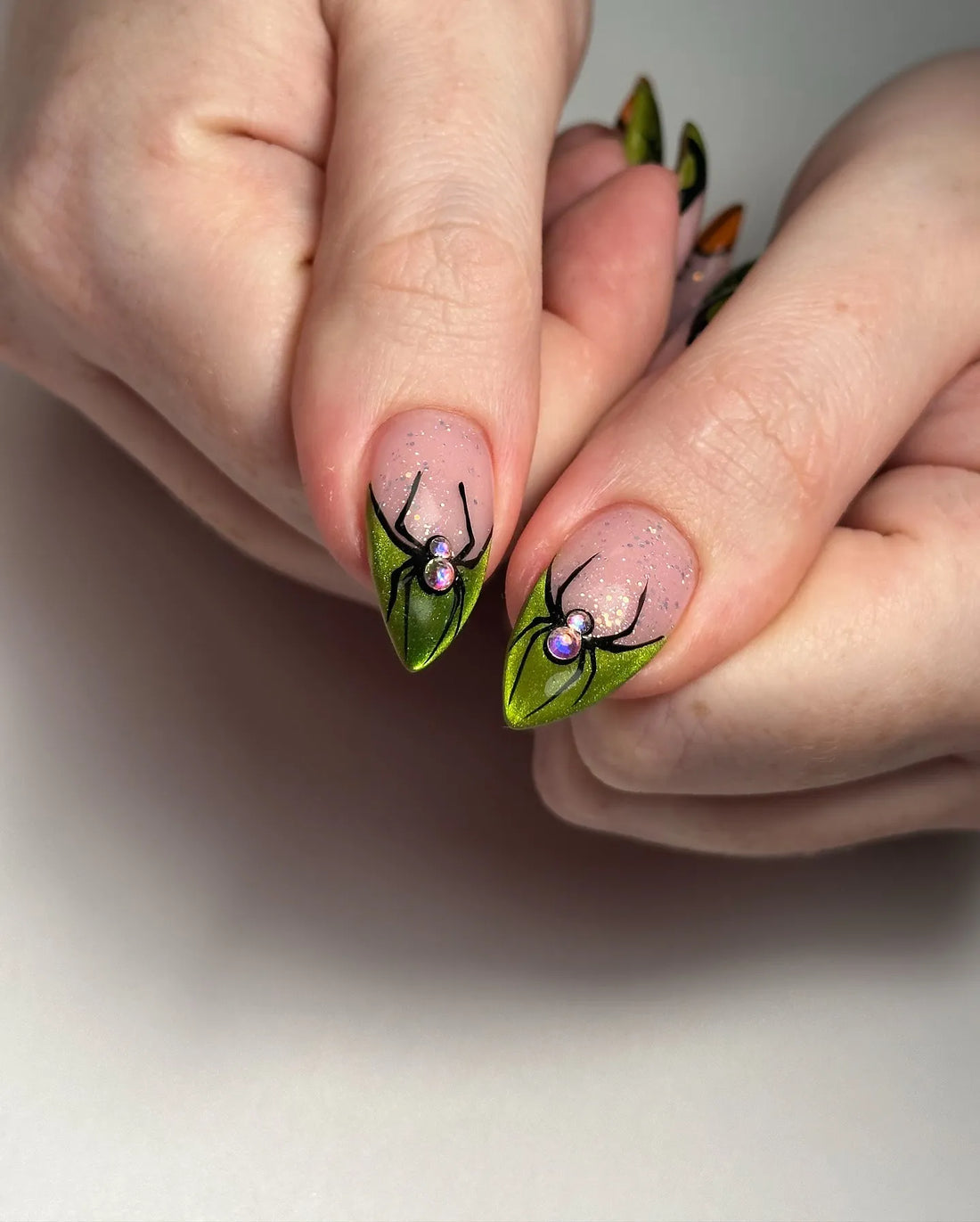 Handmade Witchy Lime Green Shimmer Heart Spiderweb Pumpkin Bat Press on Nails PY7