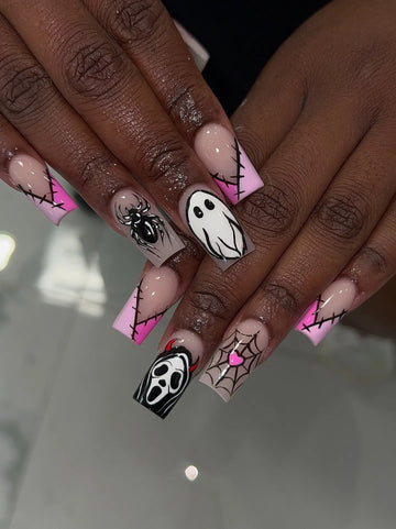 Handmade Y2K Gothic Pink Devil Ghost-face Scream Spider Web Stitch Press on Nails PX0