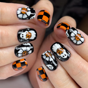 Handmade Y2K Grunge Nude Black Orange Ghost Daisy Pumpkin Press on Nails QA4