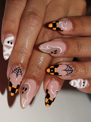 Handmade Y2K Orange Checkered Mummy Spiderweb Glitter Ghost Press on Nails PV2