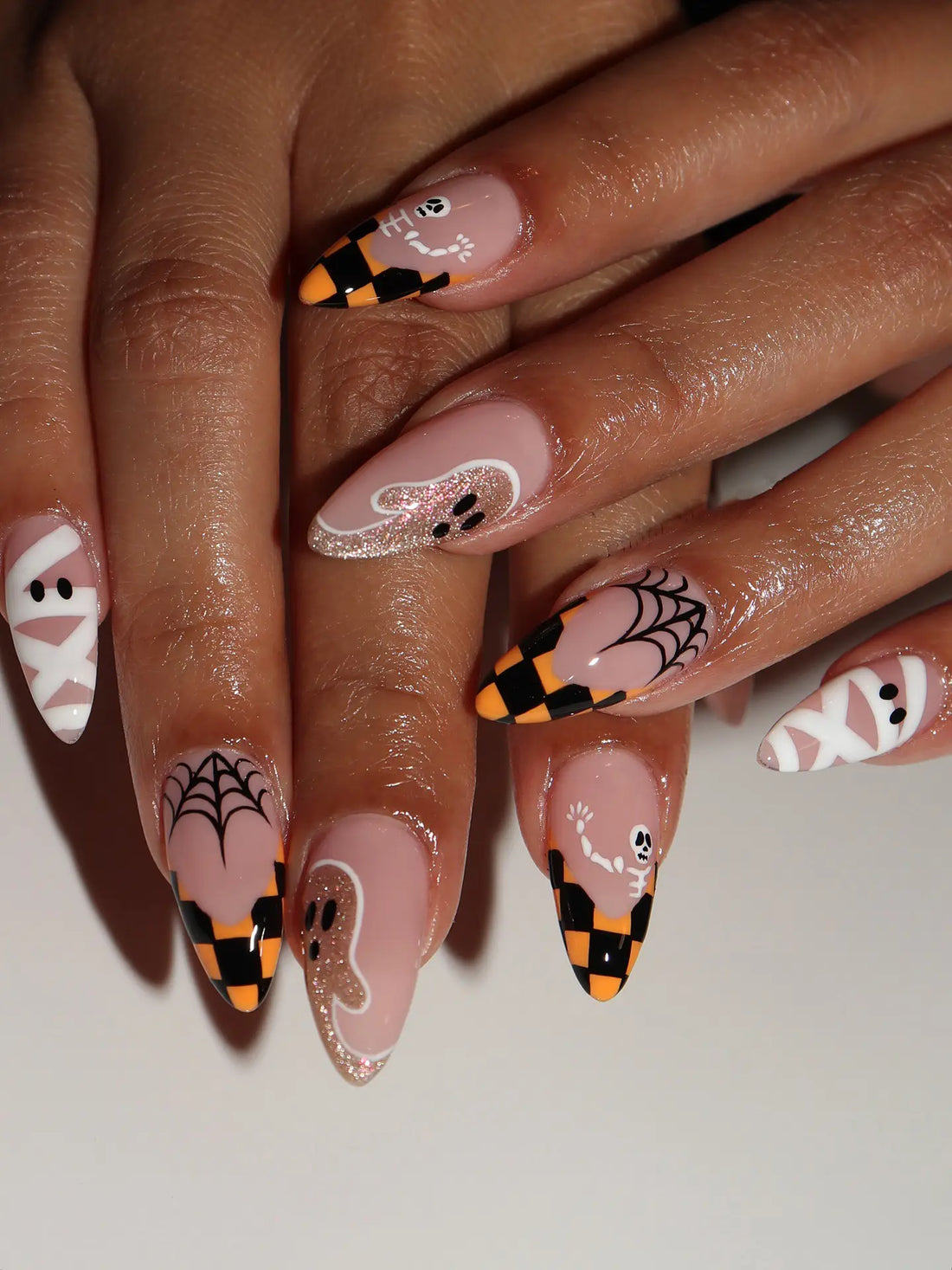 Handmade Y2K Orange Checkered Mummy Spiderweb Glitter Ghost Press on Nails PV2
