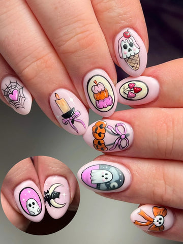 Handpainted Pastel Creepy Cute Pink Ghost Skull Ice Cream Bow Press on Nails QA0