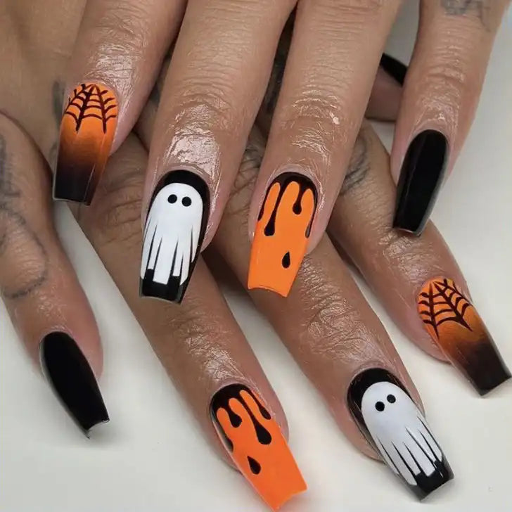 Handpainted Spooky Ghost Halloween Press on Nails - Orange and White Fingernails