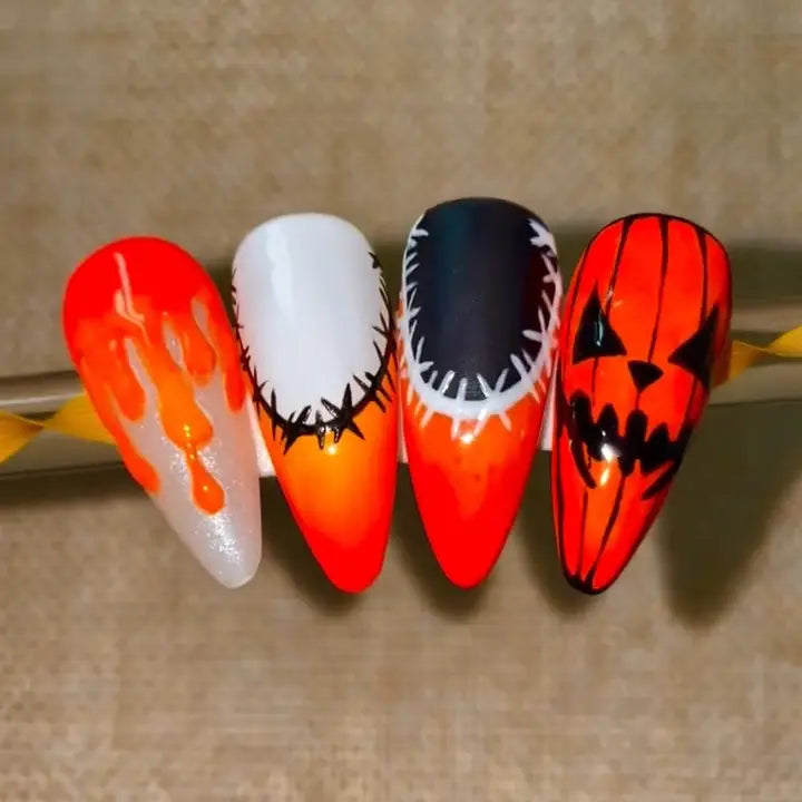 Handpainted Spooky Halloween Press on Nails - Orange & Black French Tips Fingernails