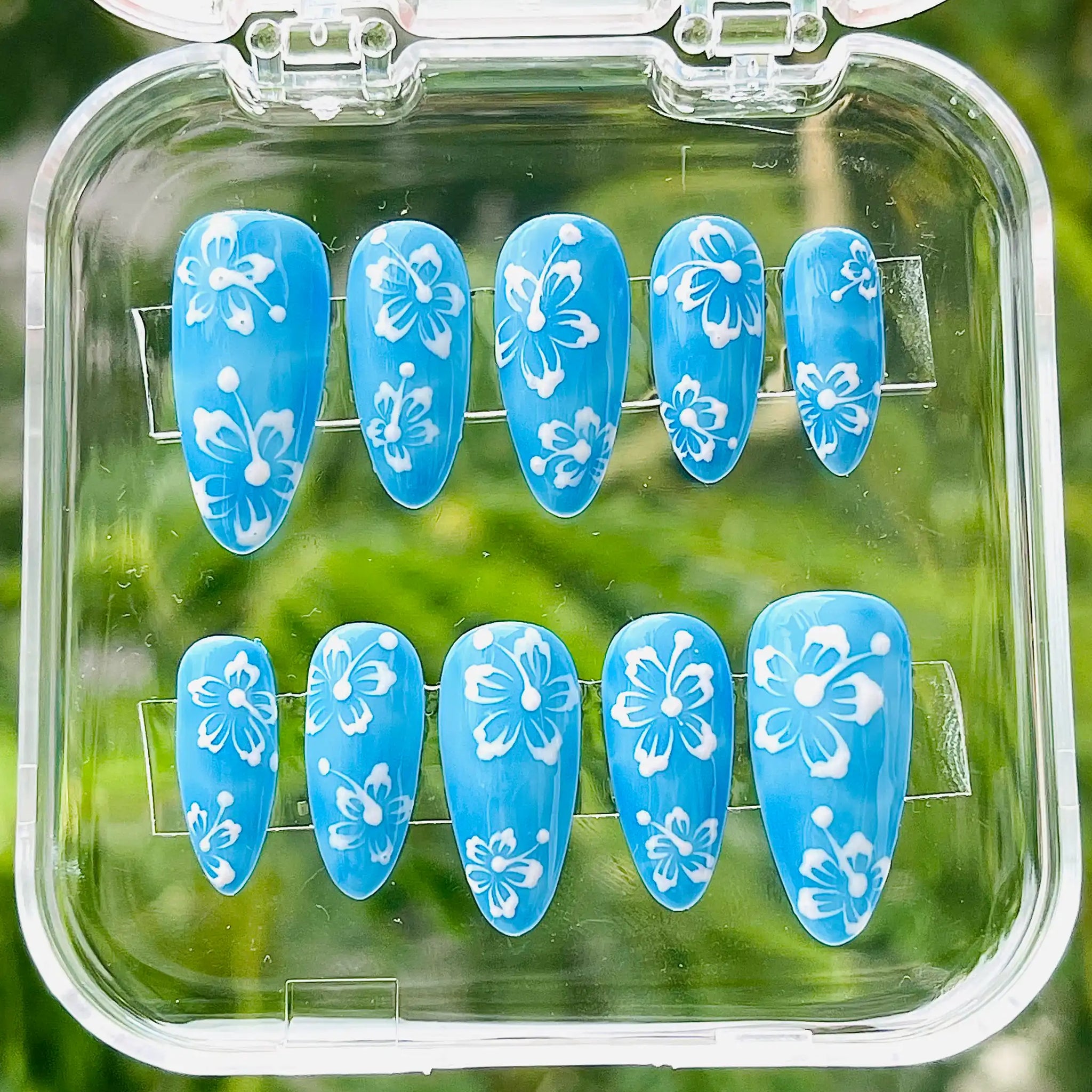 Hibiscus Flower Blue White Custom Handmade Press on Nails