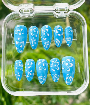 Hibiscus Flower Blue White Custom Handmade Press on Nails