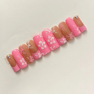 Hibiscus Flower Pink Hawaiian Press on Nails - Handmade French Tip Fingernails