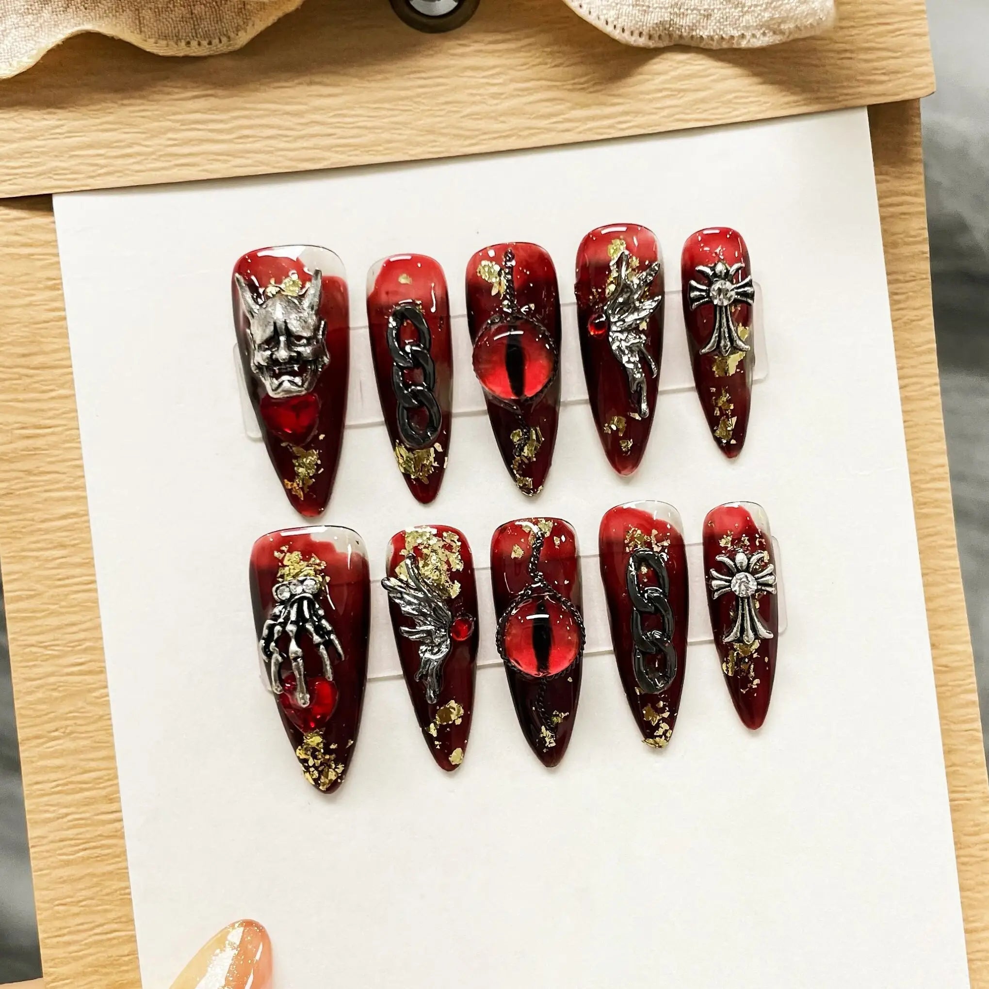 Horror Symbol Halloween Press on Nails - Silver and Red Reusable Fingernails