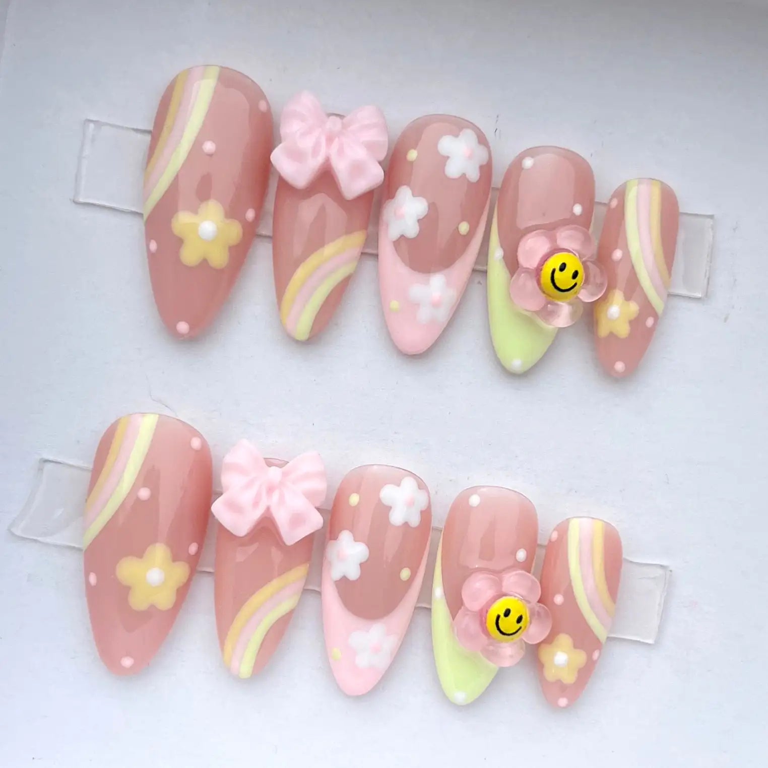 Kawaii Floral 3D Pastel Pink Handmade Press on Nails