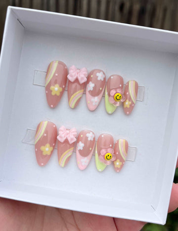 Kawaii Floral 3D Pastel Pink Handmade Press on Nails