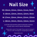 Nail size guide for press-on nails with XS, S, M, L measurements listed on purple background.