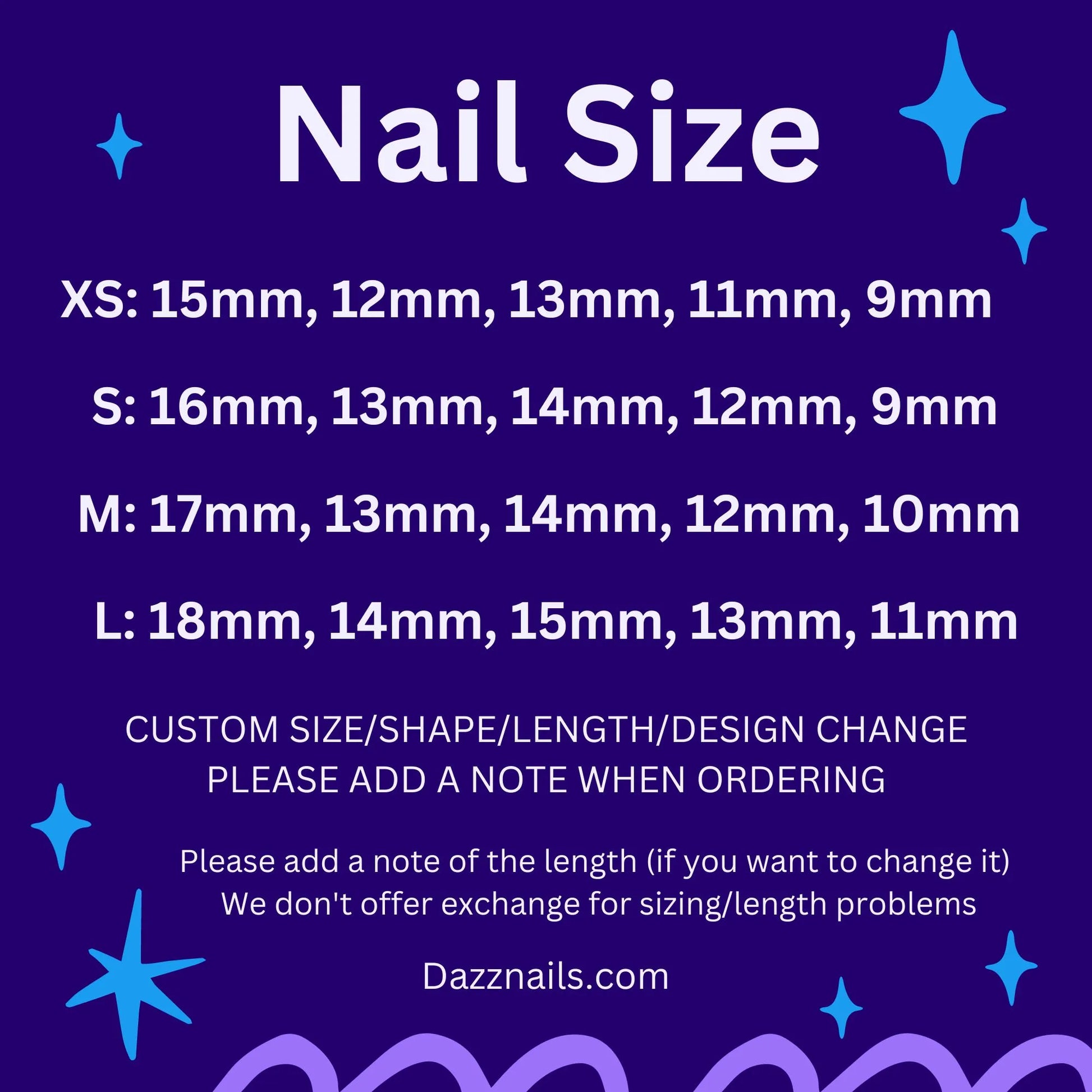 Nail size guide for press-on nails with XS, S, M, L measurements listed on purple background.
