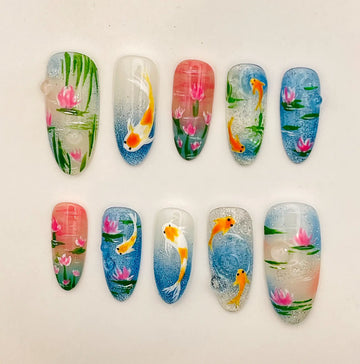 Ocean Koi Fish Summer Press On Nails - Custom Floral Lotus Design