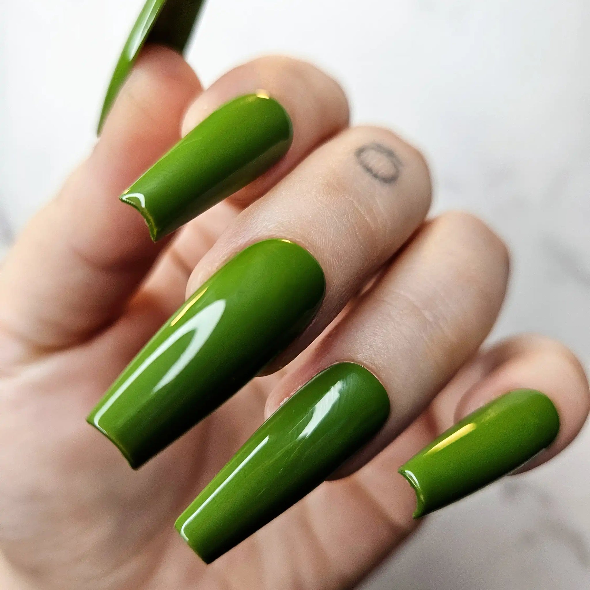 Olive Green Glossy Handmade Press on Nails - Simple Reusable Fingernails