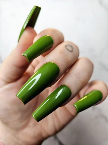 Olive Green Glossy Handmade Press on Nails - Simple Reusable Fingernails