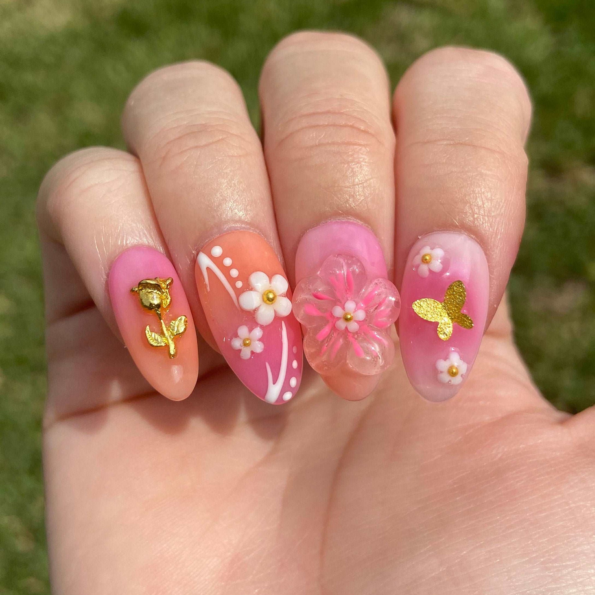 Ombre Pink Gold Floral Summer/Spring Handmade Press on Nails