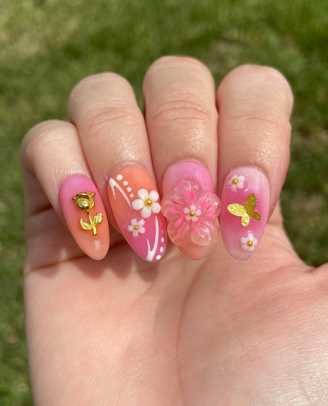 Ombre Pink Gold Floral Summer/Spring Handmade Press on Nails