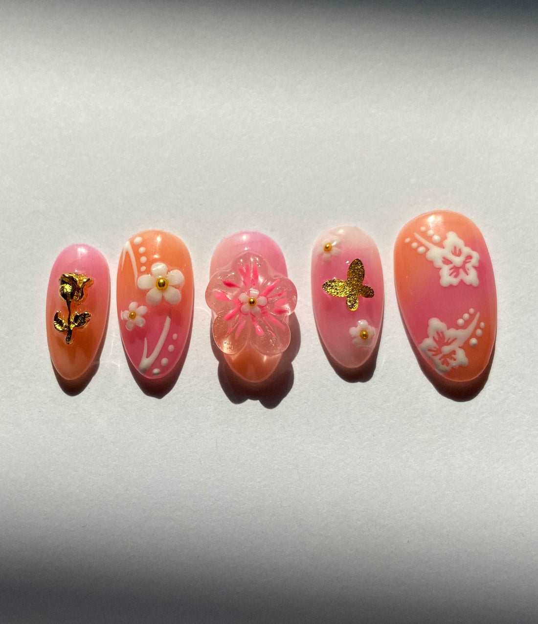 Ombre Pink Gold Floral Summer/Spring Handmade Press on Nails