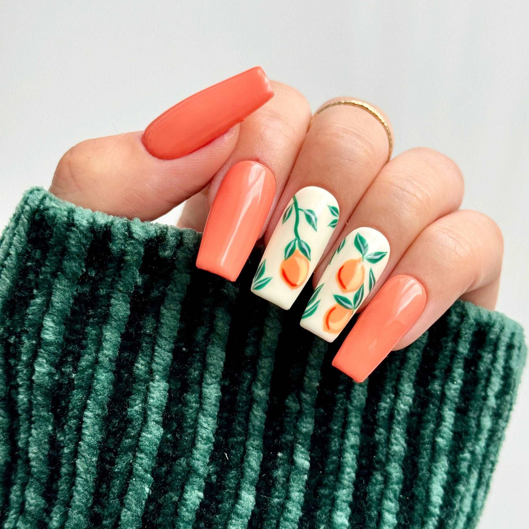 Orange Green Leaf Custom Summer Handmade Press on Nails