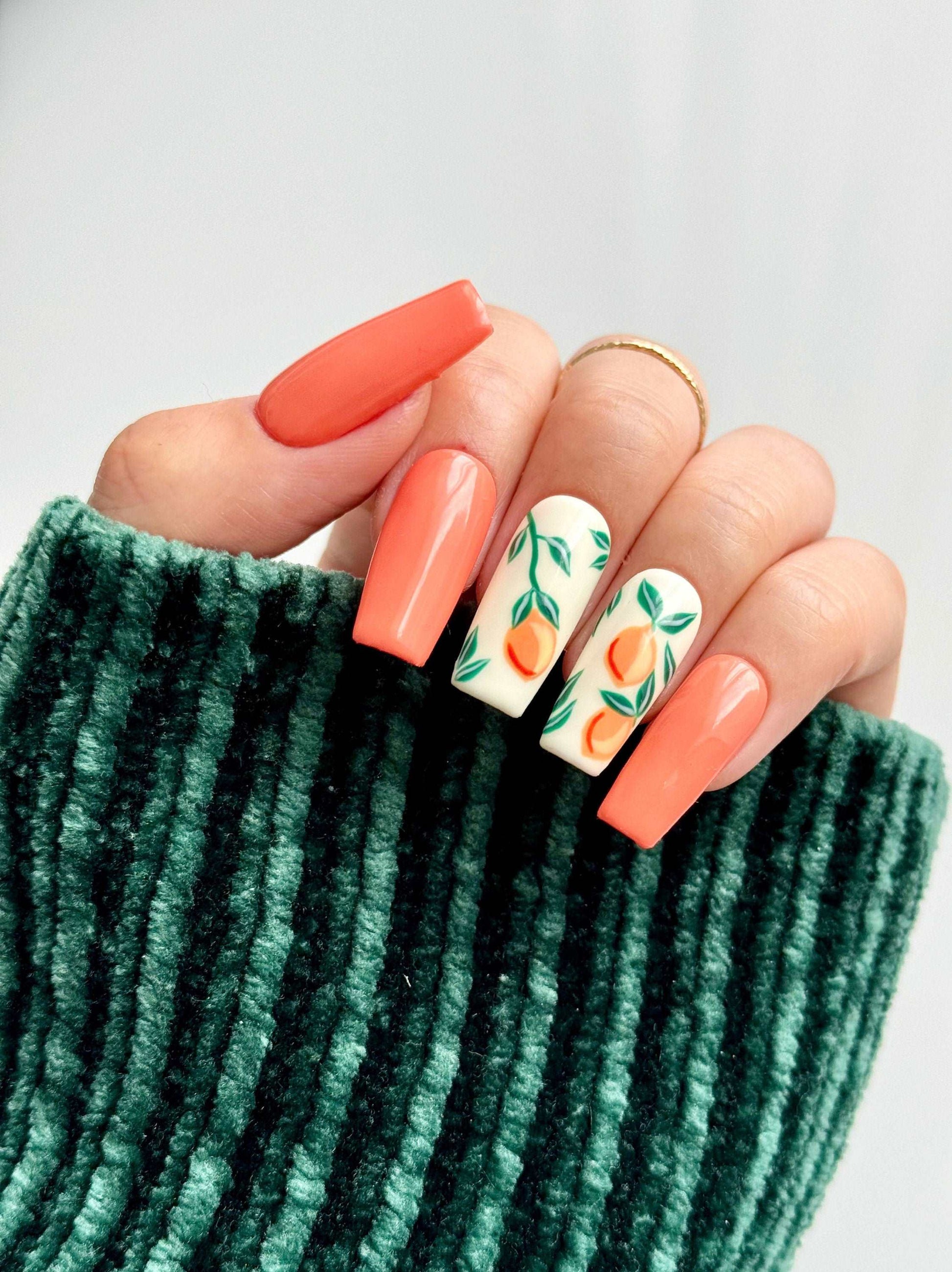 Orange Green Leaf Custom Summer Handmade Press on Nails