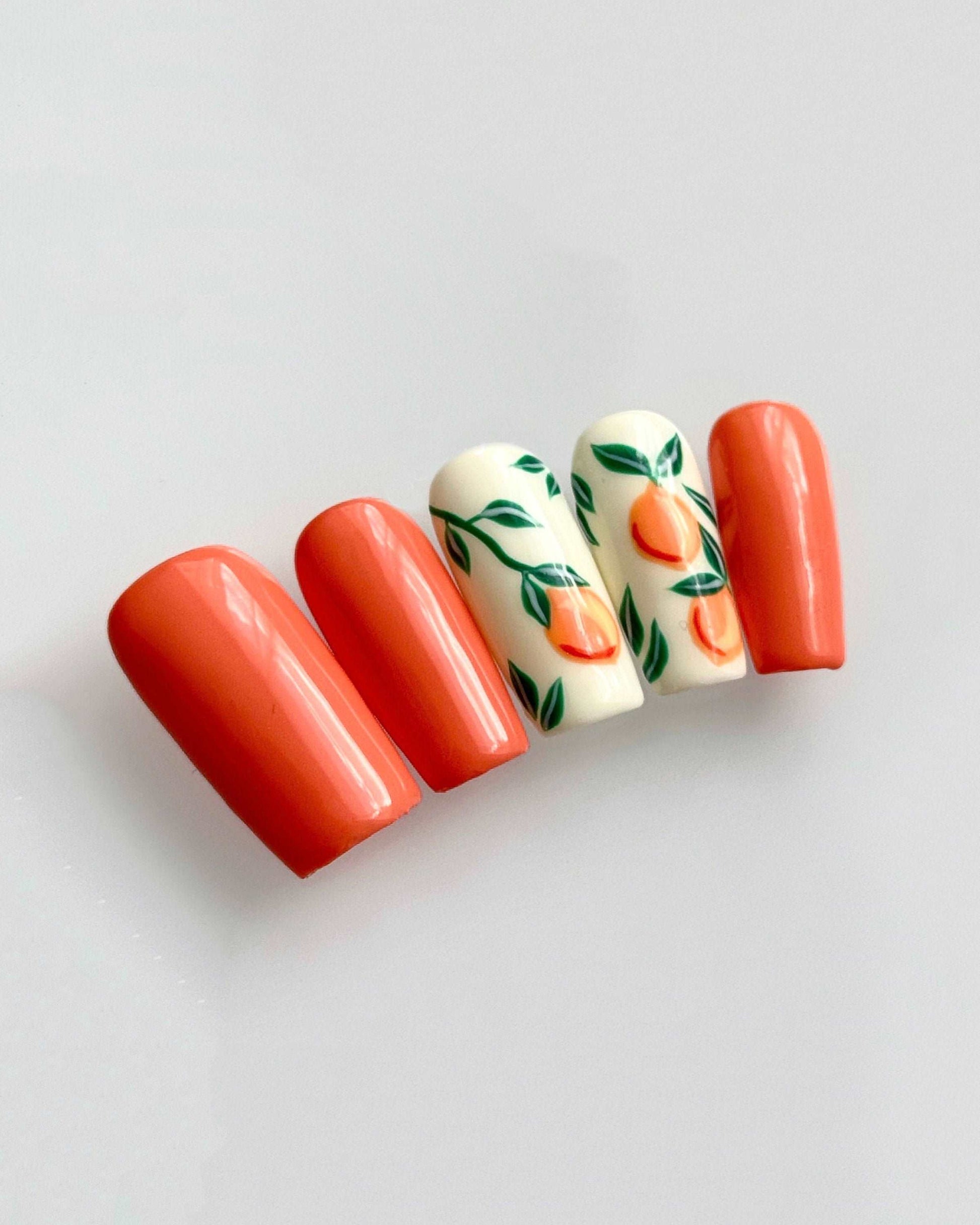 Orange Green Leaf Custom Summer Handmade Press on Nails