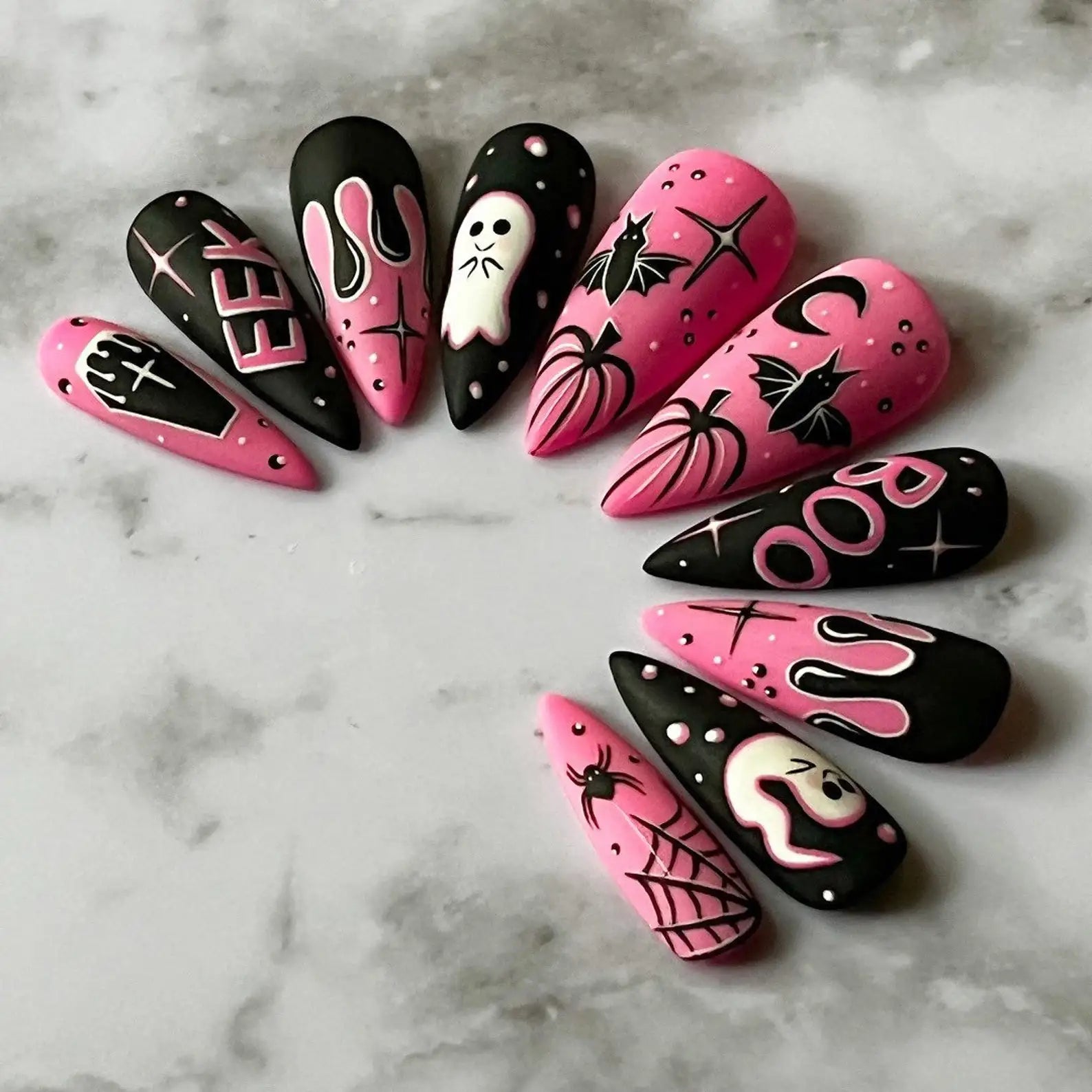 Pink Cute Ghost Halloween Press on Nails - Handmade Pumpkin Fingernails