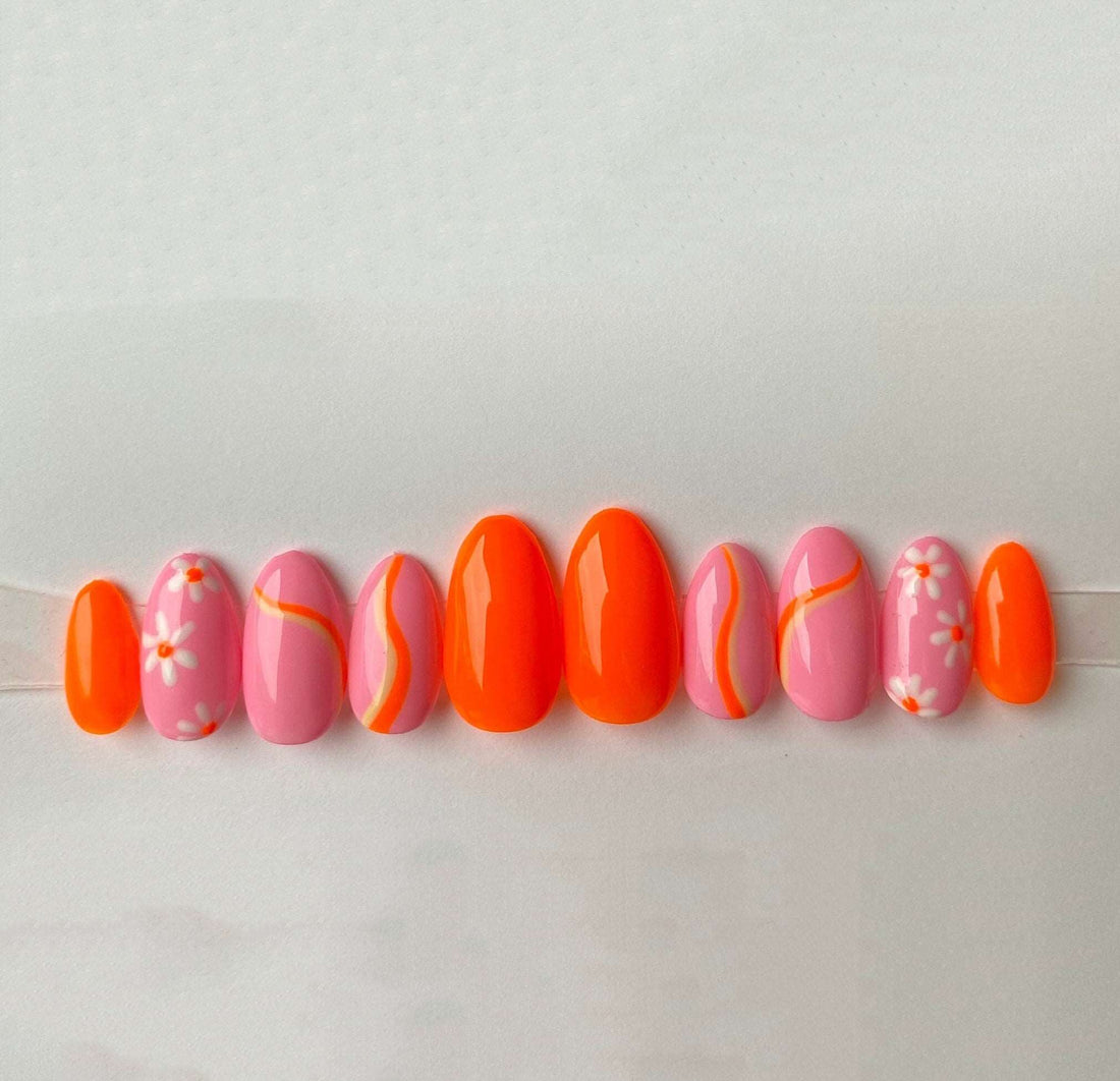 Pink & Orange Floral Summer Handmade Press on Nails