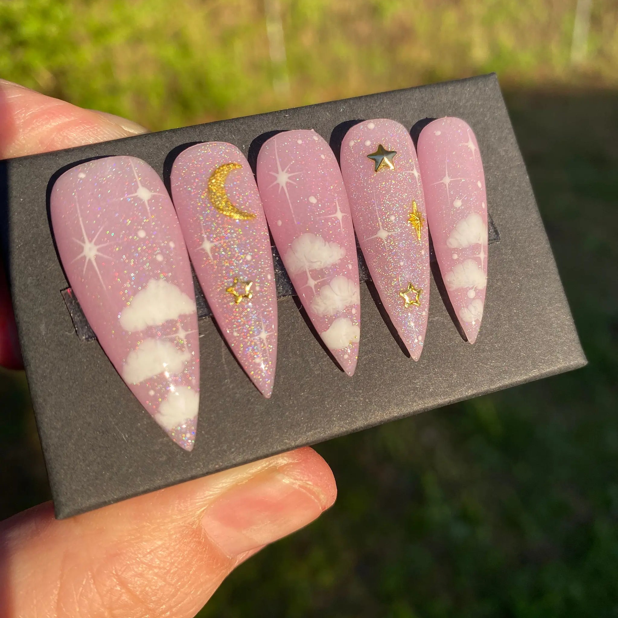 Pinky Sky Press on Nails with White Clouds Gold Moon and Stars Design