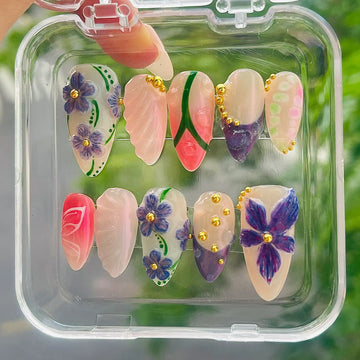 Purple Flower Spring Butterfly Press on Nails - Reusable Handmade Fake Fingernails