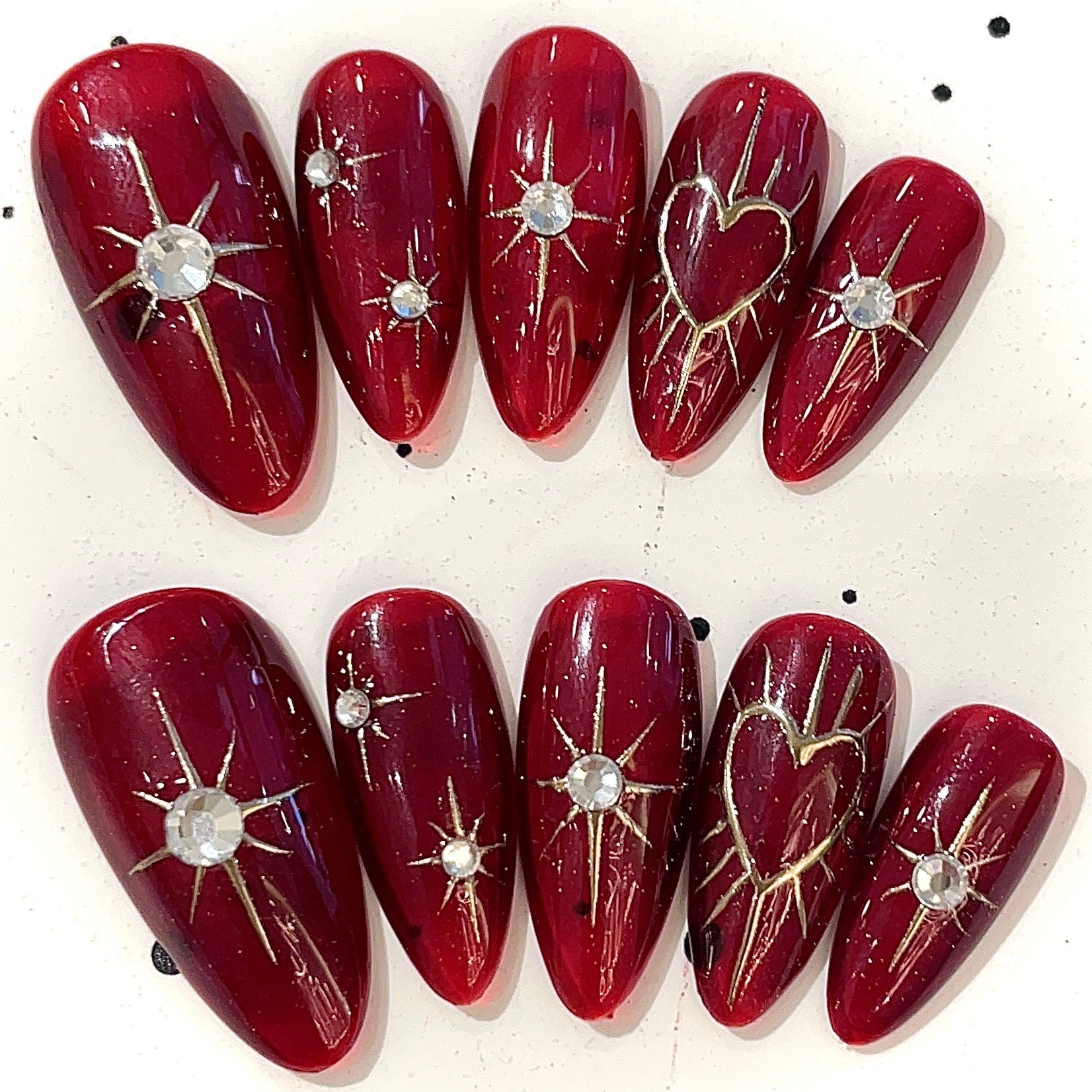 Red And Metal Diamond Acrylic Nails