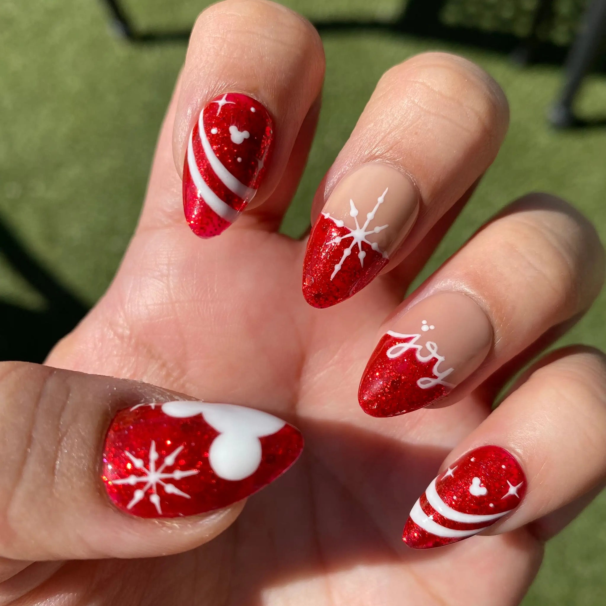 Red Christmas Glitter Mouse Ears Nails - Winter Handmade Fake Fingernails