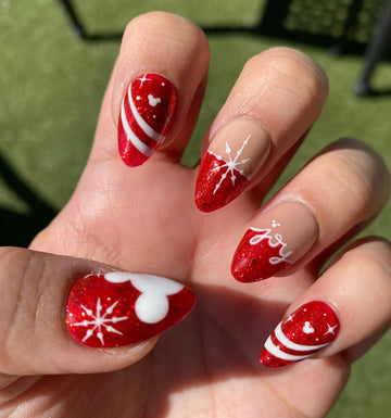 Red Christmas Glitter Mouse Ears Nails - Winter Handmade Fake Fingernails