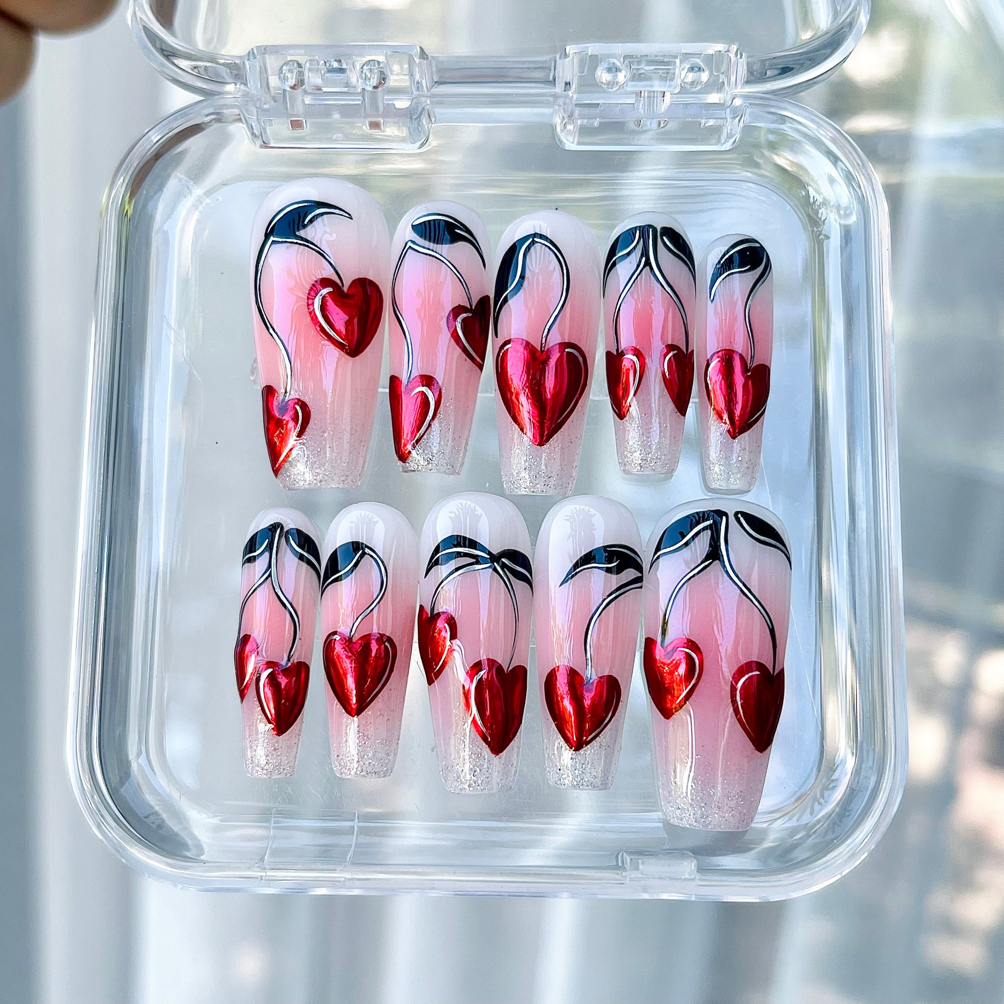 Red Heart Cherry Valentine Day Press on Nails - Pink Ombre Square Design