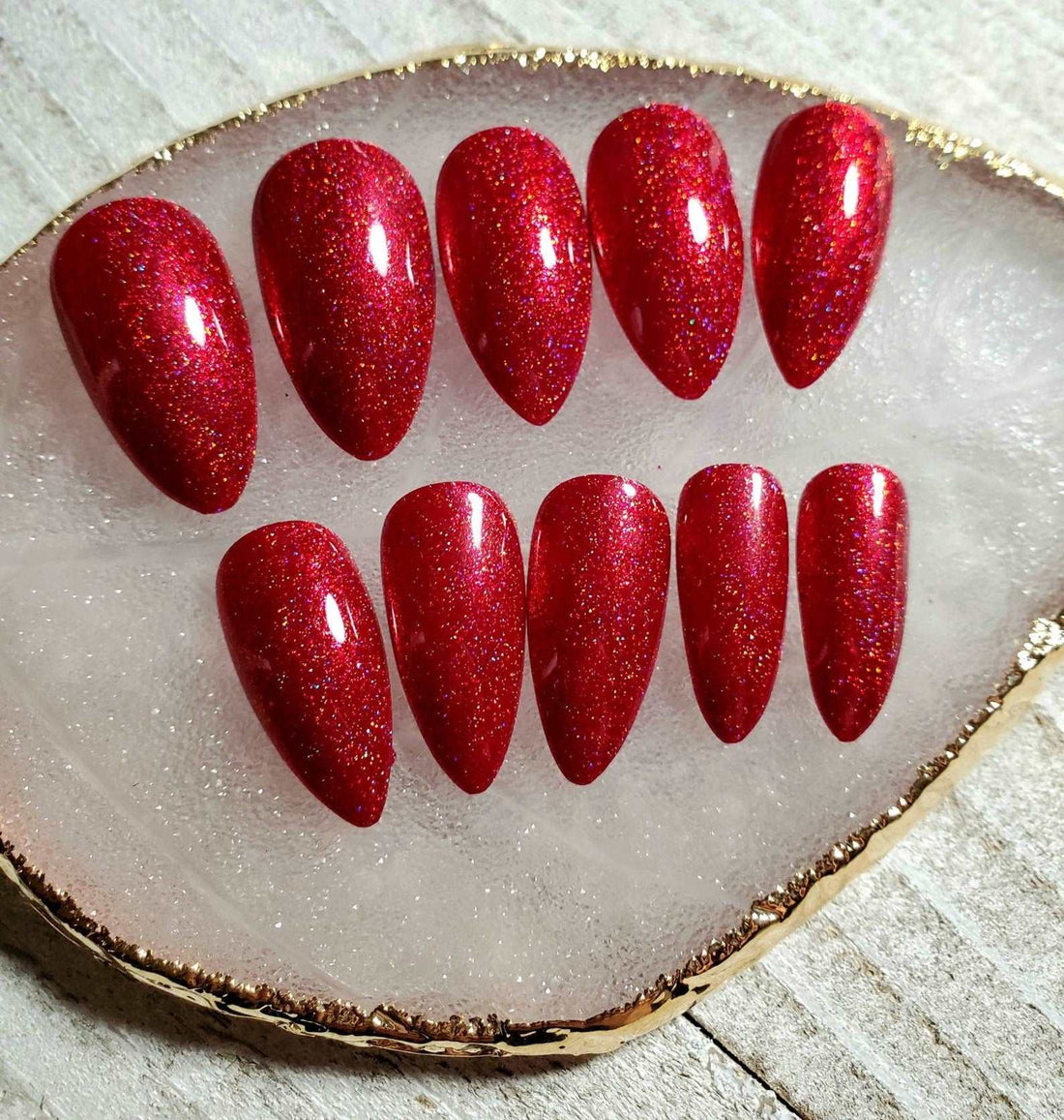Glitter Glossy Red Holographic Fake Nails