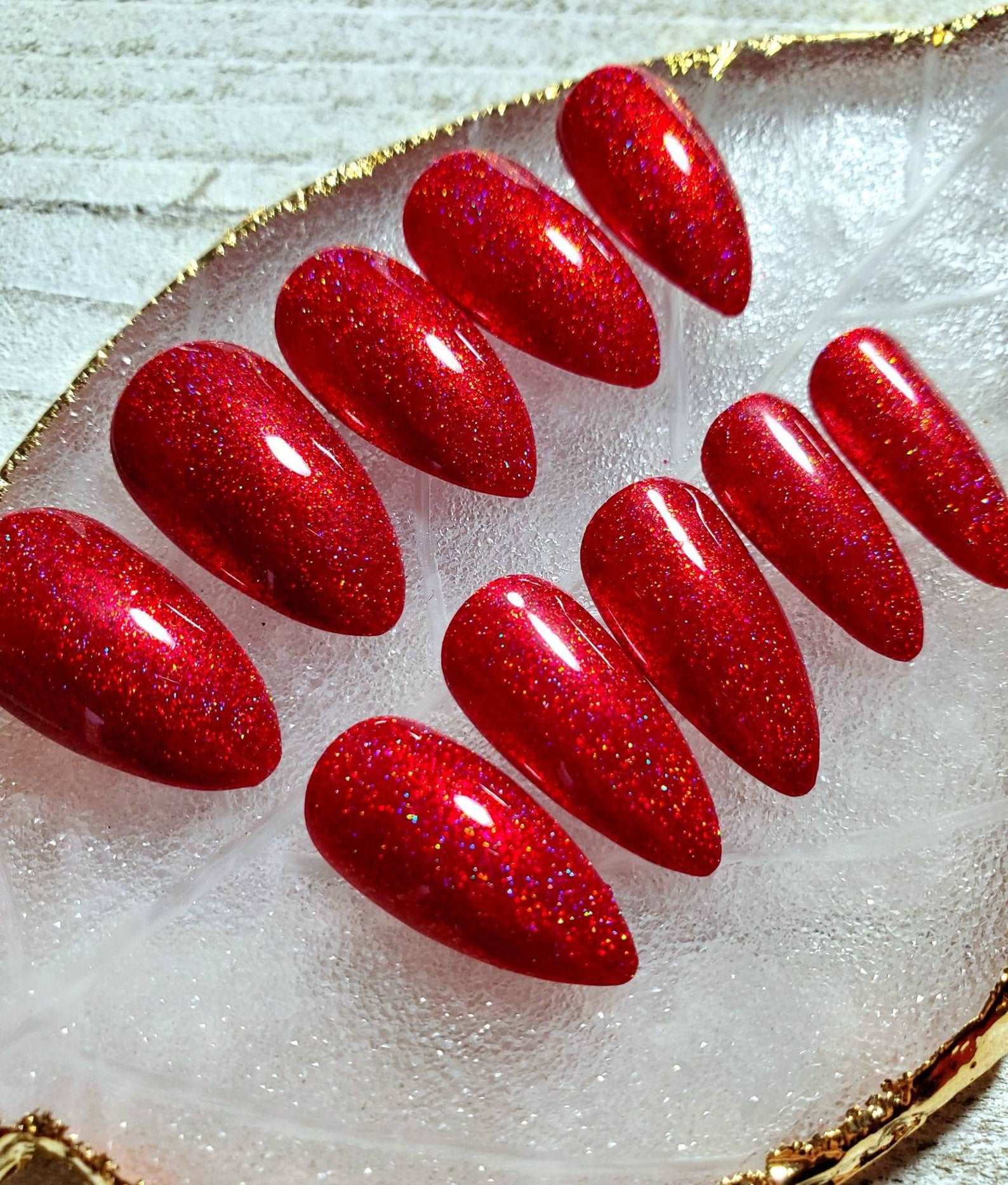 Glitter Glossy Red Holographic Fake Nails