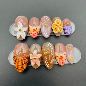 Seashell Oceanic Floral Handmade Press On Nails - Summer Almond Design