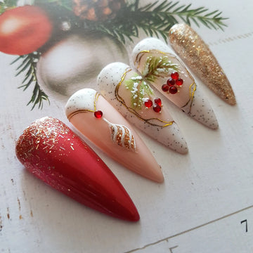 Snowing Christmas Themed Press On Nails - Winter Handmade Fake Fingernails