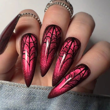 Spider Web Red Velvet Cat Eye Halloween Nails Press Ons Fingernails