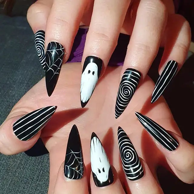 Spooky Ghost Gothic Halloween Press on Nails - Handmade Black White Fingernails