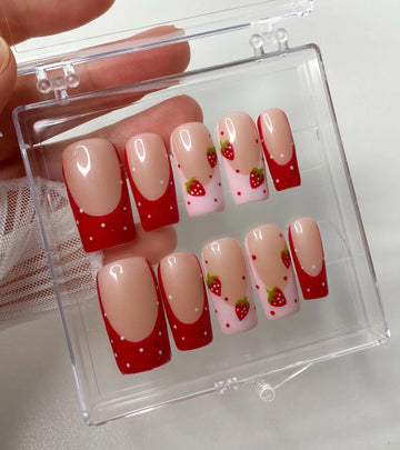 Strawberry French Tips Red Press on Nails - Reusable Handmade Fake Fingernails