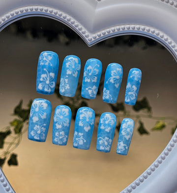 Summer Hibiscus Blue Custom Handmade Press on Nails