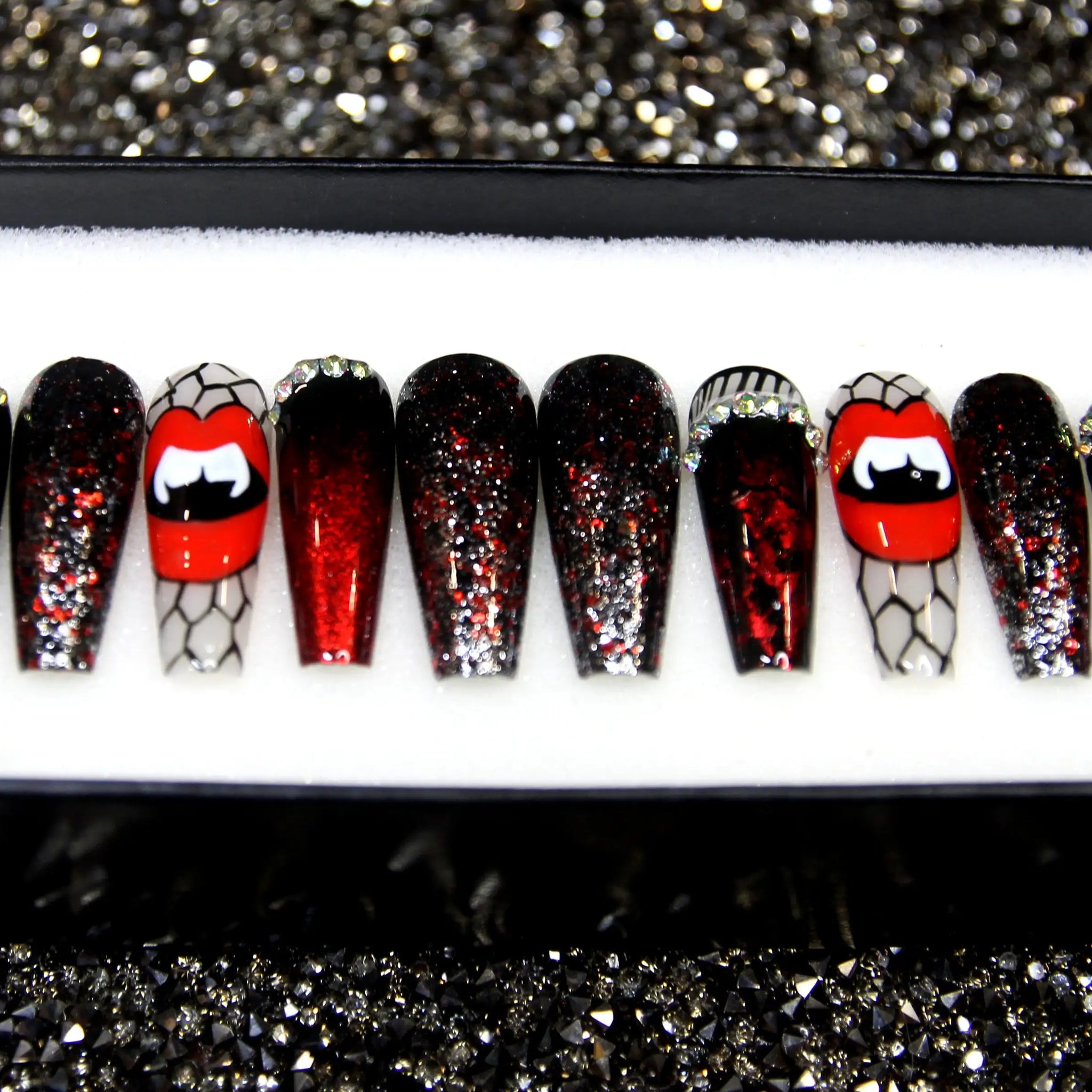 Vampire Hungry Lips Halloween Press on Nails - Glitter Classy Reusable Fingernails