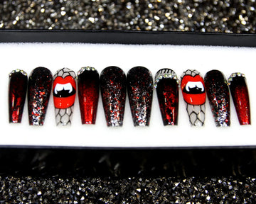 Vampire Hungry Lips Halloween Press on Nails - Glitter Classy Reusable Fingernails