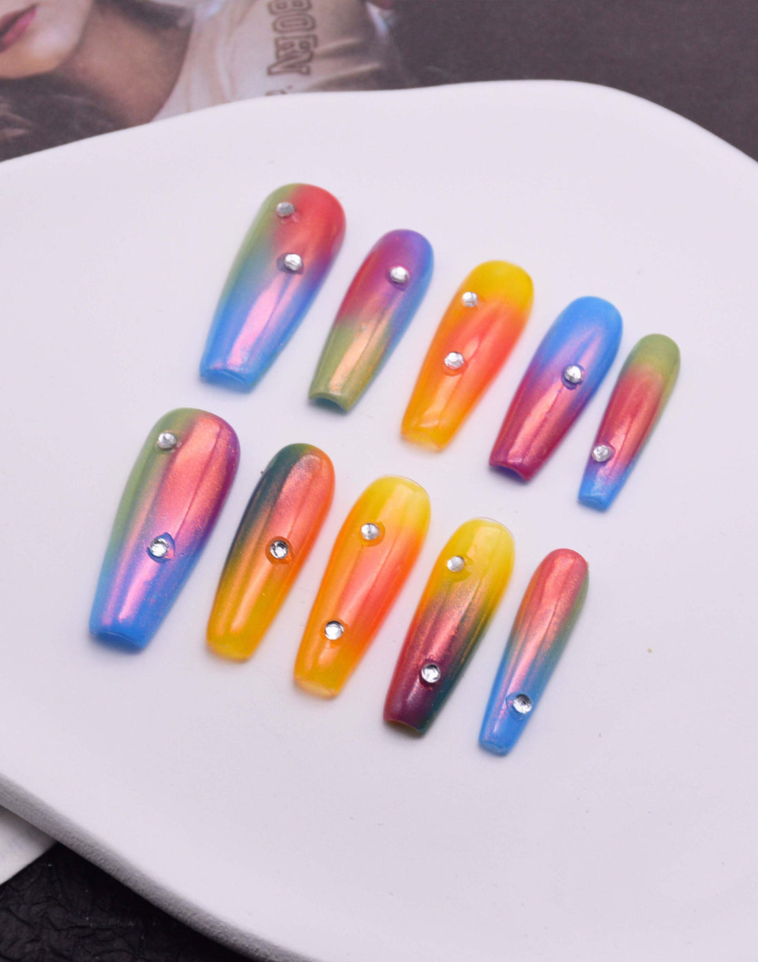 Vibrant Ombre Summer Handmade Press on Nails - Rainbow Aurora Design