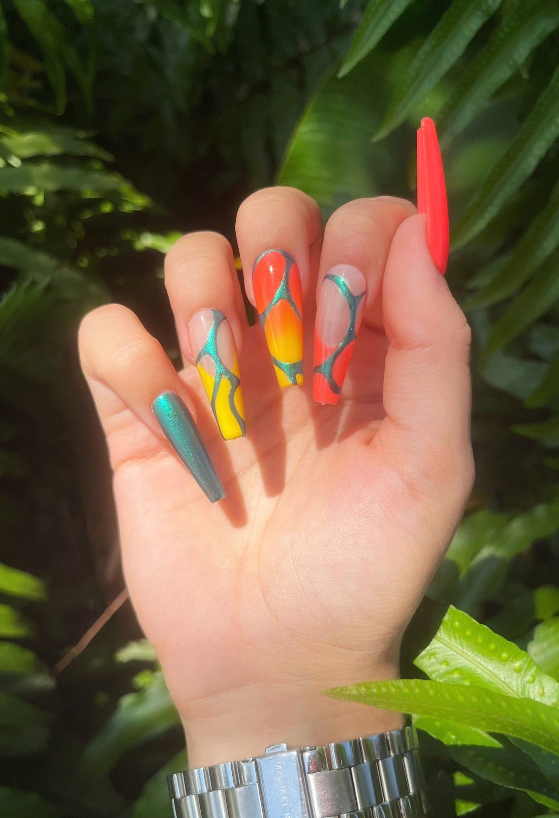 Vibrant Summer Handmade Press on Nails - Orange Yellow Blue Chrome Design